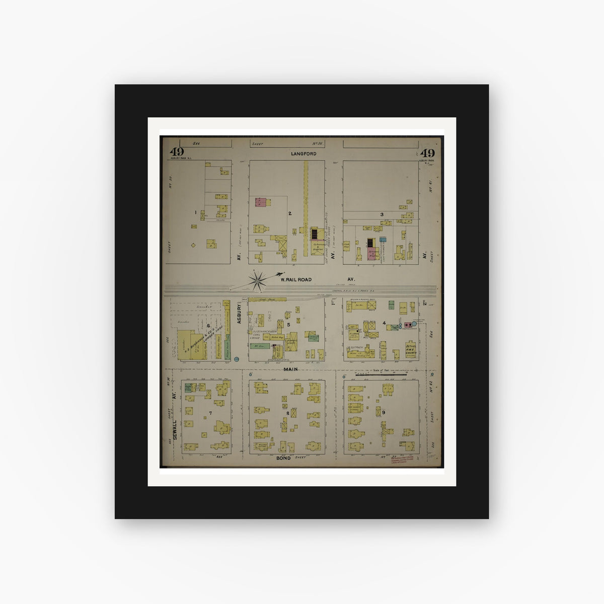 Old map wall art mockup — black gallery frame with white mat — Sanborn Fire Insurance Map from New Jersey Coast, New Jersey Coast, New Jersey (1890), Sheet #0049