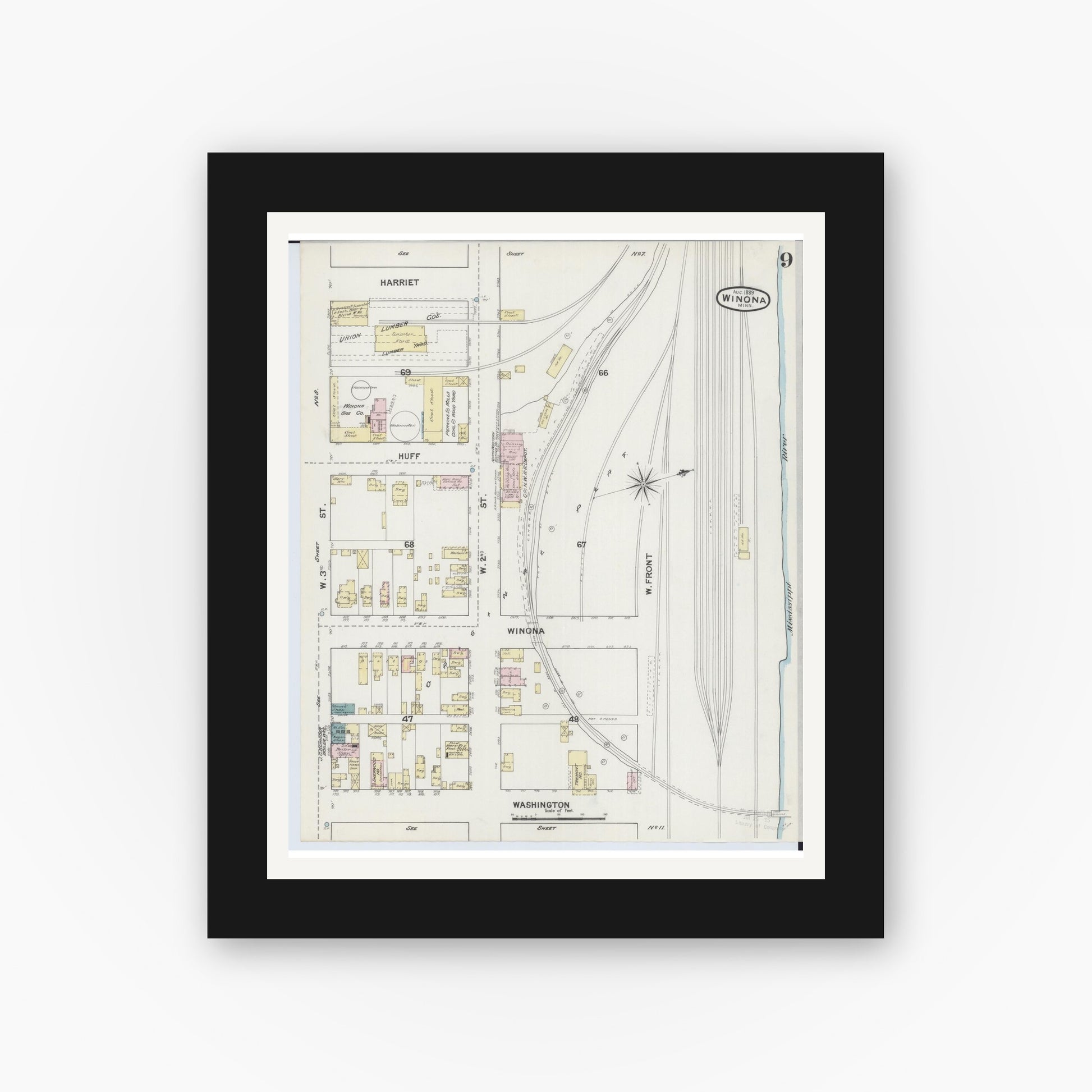 Old map wall art mockup — black gallery frame with white mat — Sanborn Fire Insurance Map from Winona, Winona County, Minnesota (1889), Sheet #0009