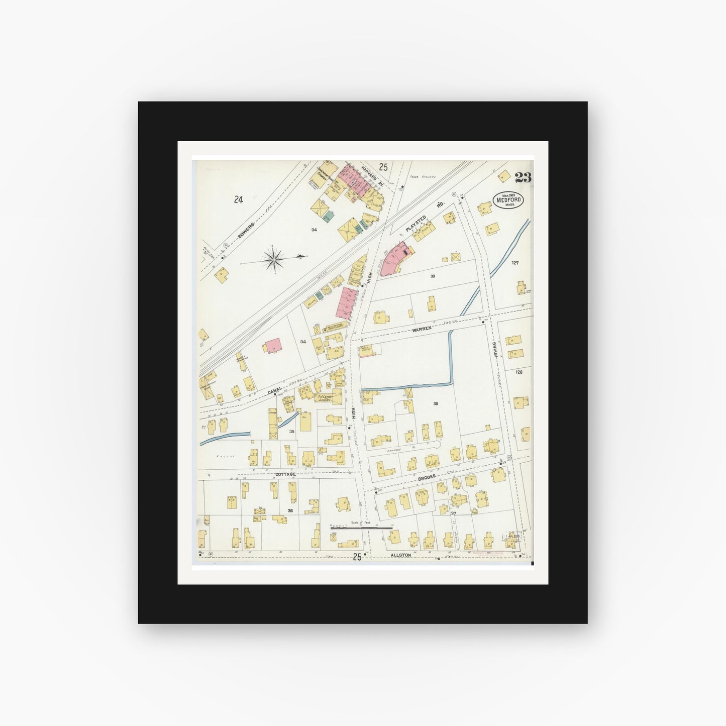 Old map wall art mockup — black gallery frame with white mat — Sanborn Fire Insurance Map from Medford, Middlesex County, Massachusetts (1903), Sheet #0023