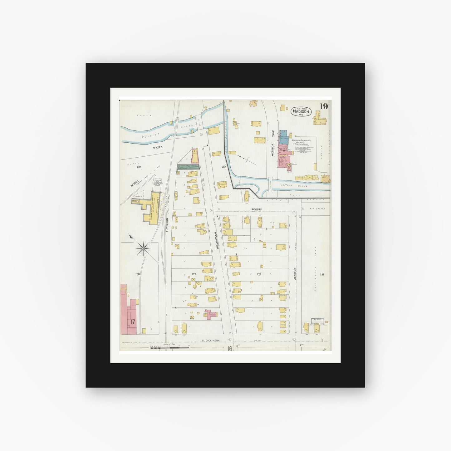 Old map wall art mockup — black gallery frame with white mat — Sanborn Fire Insurance Map from Madison, Dane County, Wisconsin (1902), Sheet #0019
