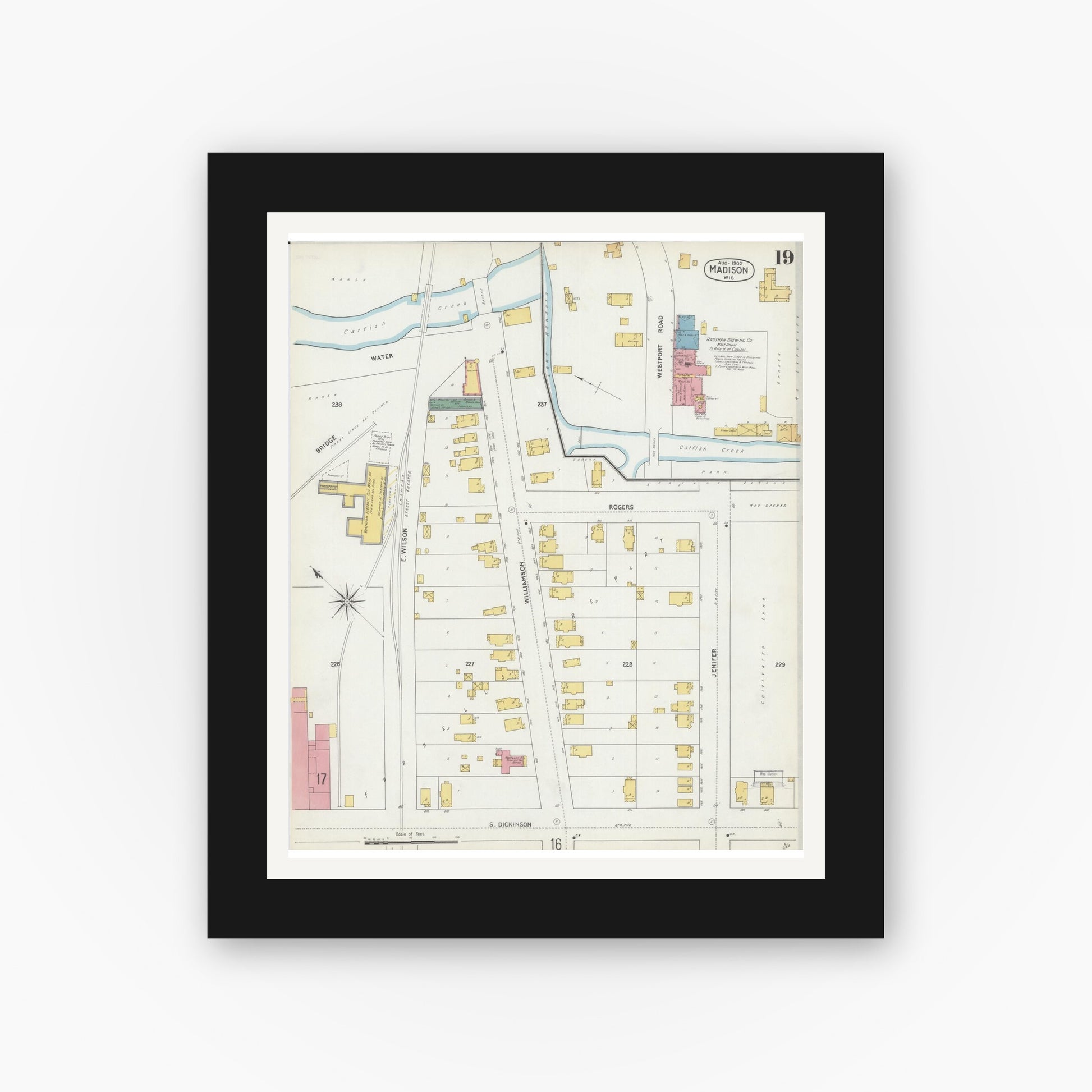 Old map wall art mockup — black gallery frame with white mat — Sanborn Fire Insurance Map from Madison, Dane County, Wisconsin (1902), Sheet #0019