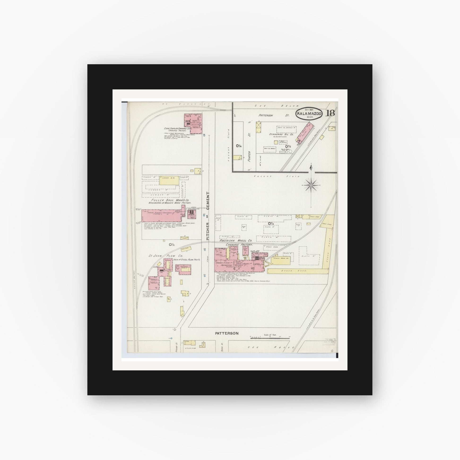 Old map wall art mockup — black gallery frame with white mat — Sanborn Fire Insurance Map from Kalamazoo, Kalamazoo County, Michigan (1891), Sheet #0018