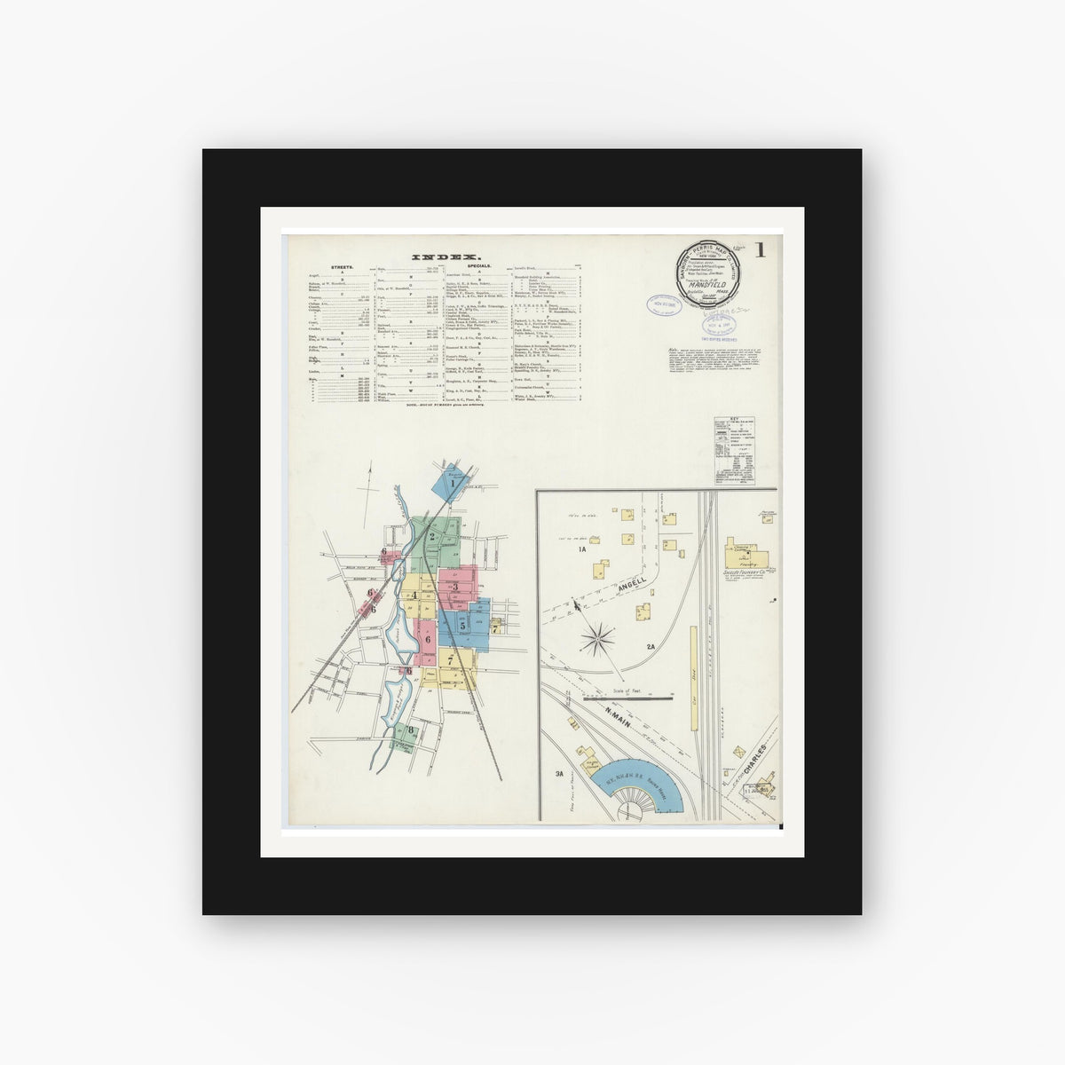 Old map wall art mockup — black gallery frame with white mat — Sanborn Fire Insurance Map from Mansfield, Bristol County, Massachusetts (1897), Sheet #0001