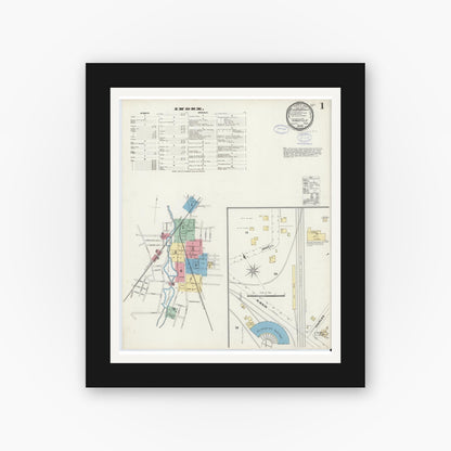 Old map wall art mockup — black gallery frame with white mat — Sanborn Fire Insurance Map from Mansfield, Bristol County, Massachusetts (1897), Sheet #0001