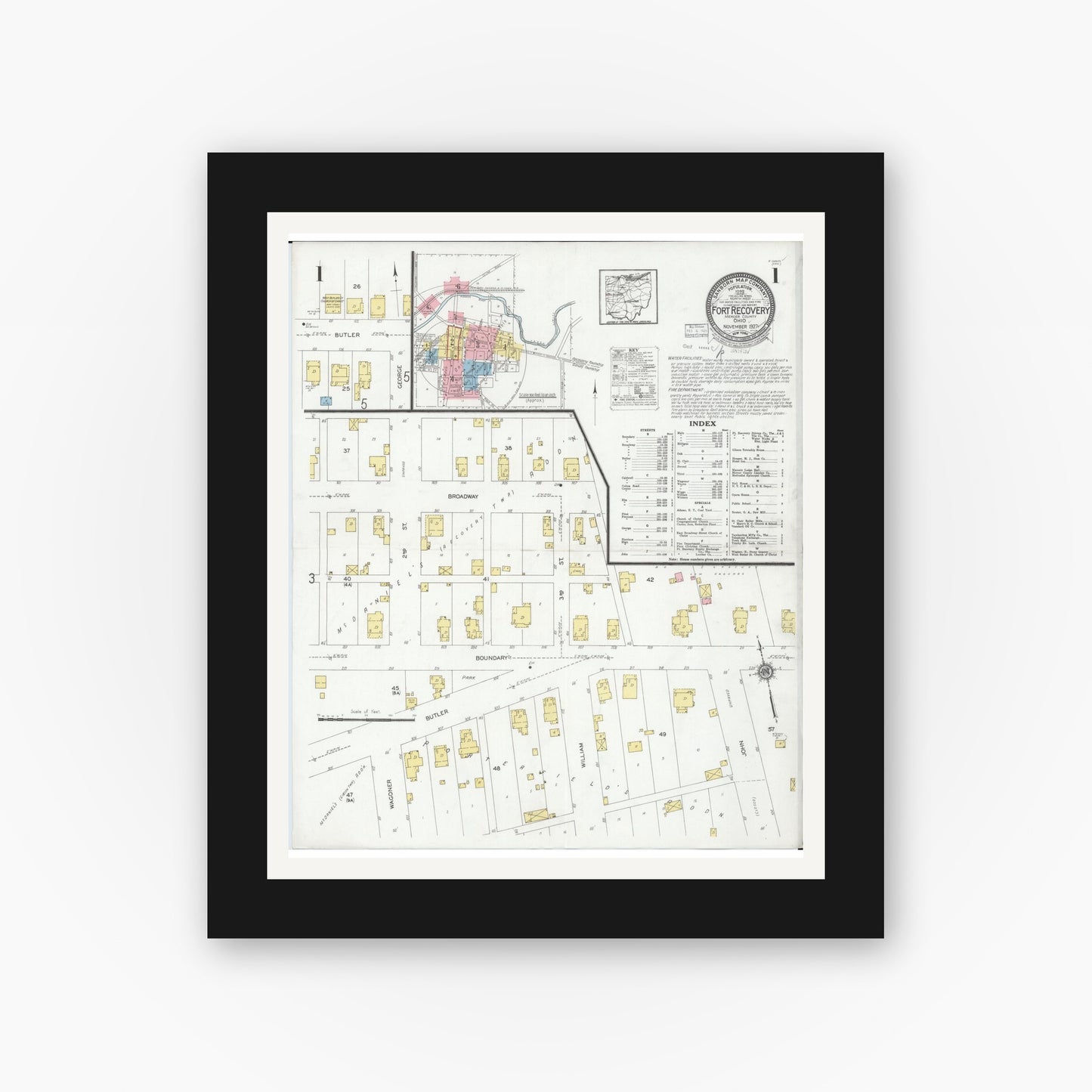 Old map wall art mockup — black gallery frame with white mat — Sanborn Fire Insurance Map from Fort Recovery, Mercer County, Ohio (1927) - Complete Map Set