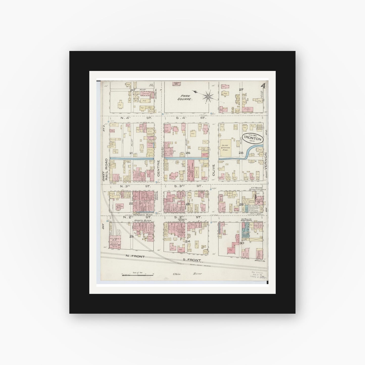 Old map wall art mockup — black gallery frame with white mat — Sanborn Fire Insurance Map from Ironton, Lawrence County, Ohio (1885), Sheet #0004