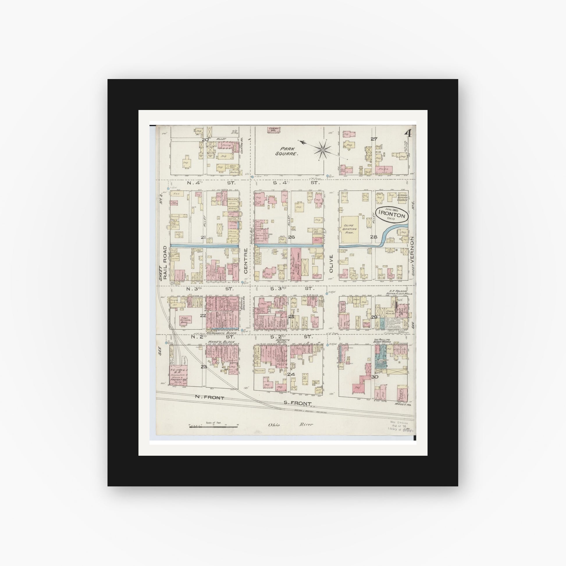 Old map wall art mockup — black gallery frame with white mat — Sanborn Fire Insurance Map from Ironton, Lawrence County, Ohio (1885), Sheet #0004