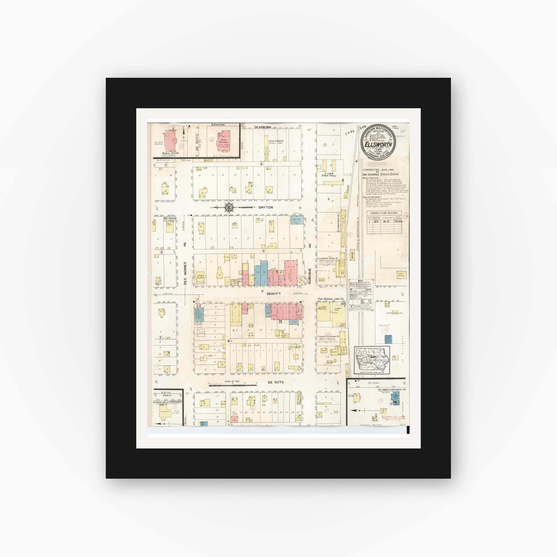 Old map wall art mockup — black gallery frame with white mat — Sanborn Fire Insurance Map from Ellsworth, Hamilton County, Iowa (1931), Sheet #0001