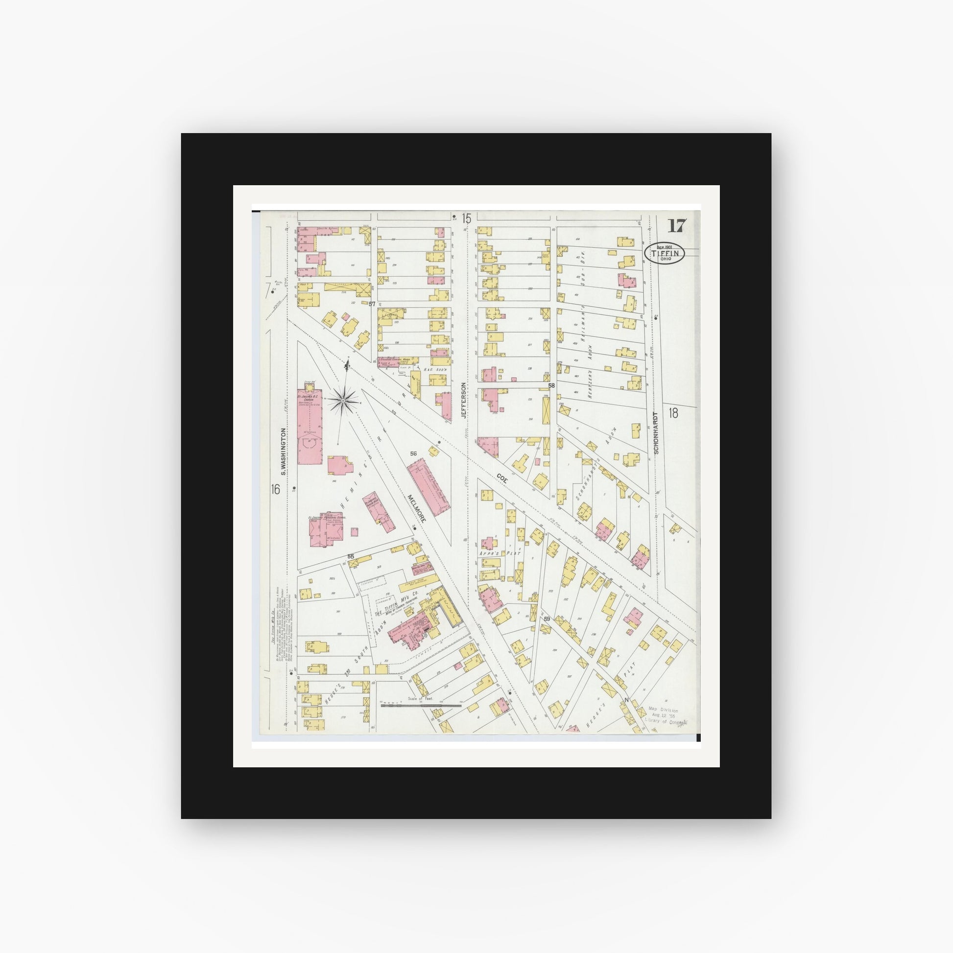 Old map wall art mockup — black gallery frame with white mat — Sanborn Fire Insurance Map from Tiffin, Seneca County, Ohio (1901), Sheet #0017