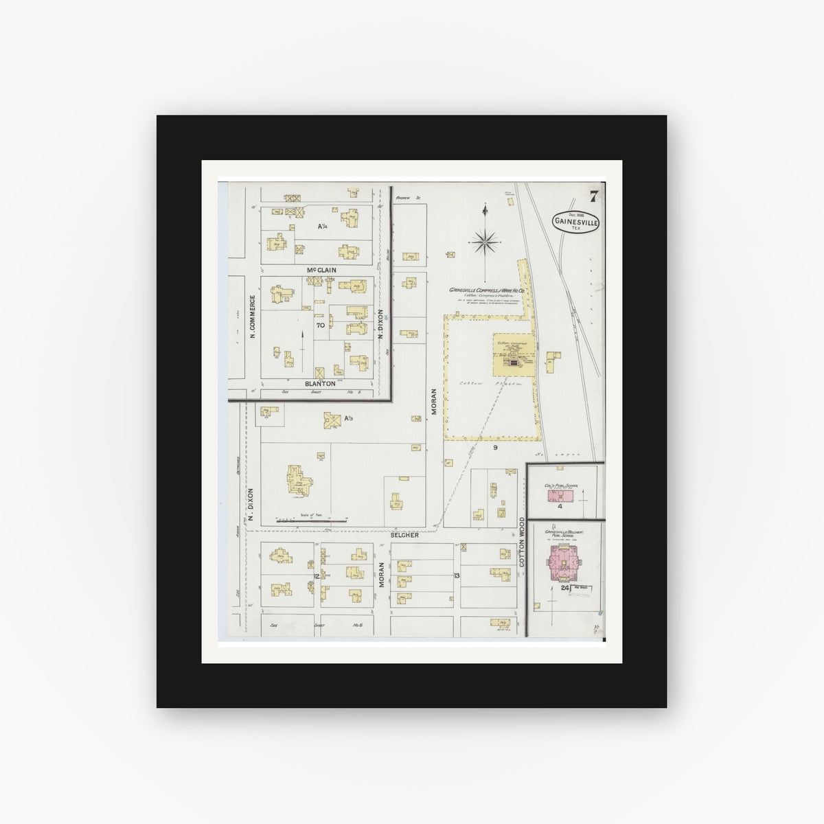 Old map wall art mockup — black gallery frame with white mat — Sanborn Fire Insurance Map from Gainesville, Cooke County, Texas (1888), Sheet #0007