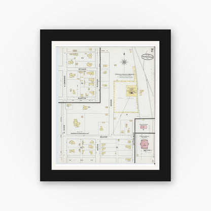 Old map wall art mockup — black gallery frame with white mat — Sanborn Fire Insurance Map from Gainesville, Cooke County, Texas (1888), Sheet #0007