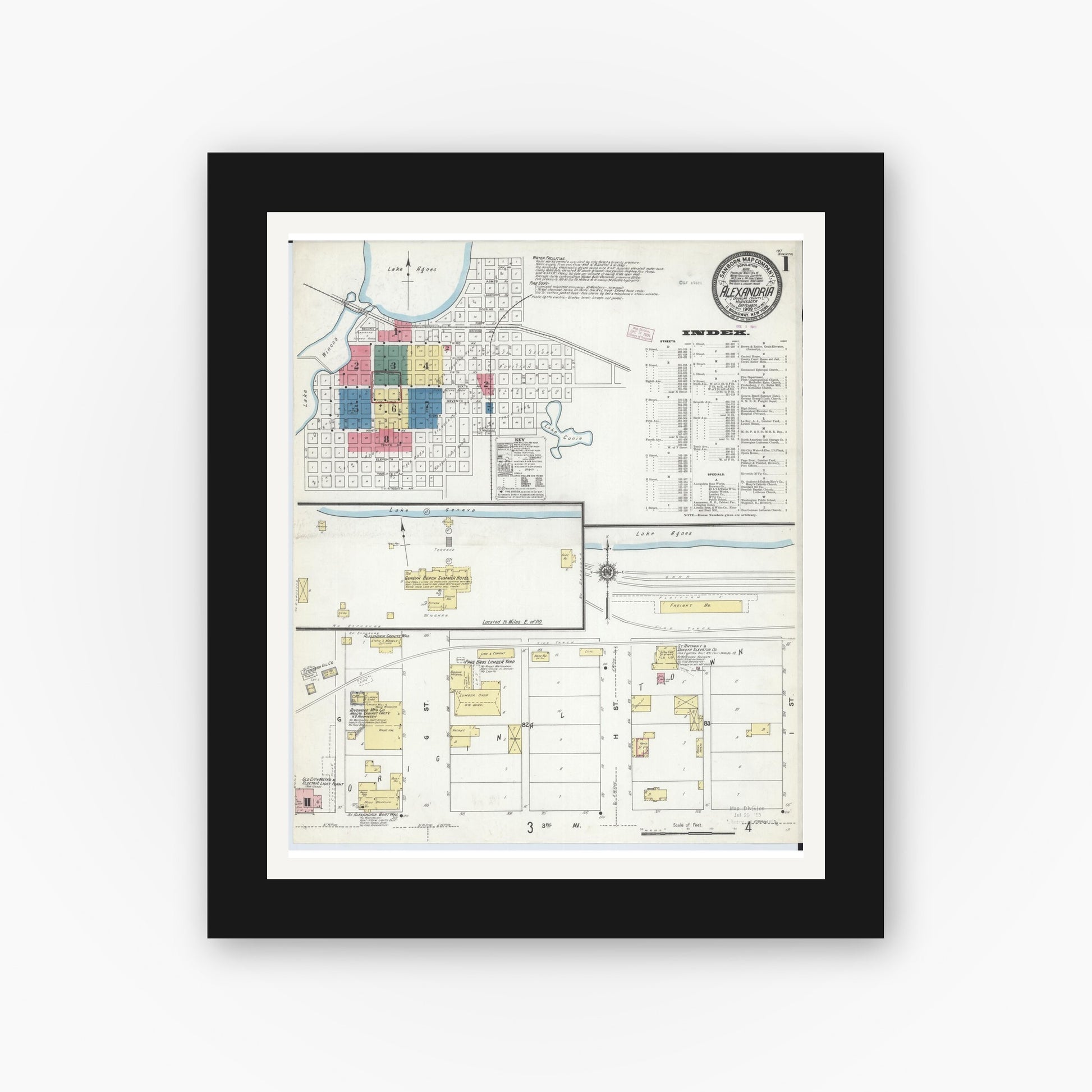 Old map wall art mockup — black gallery frame with white mat — Sanborn Fire Insurance Map from Alexandria, Douglas County, Minnesota (1909), Sheet #0001