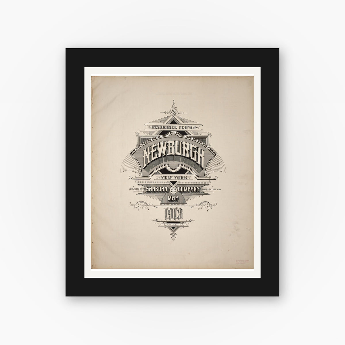 Old map wall art mockup — black gallery frame with white mat — Sanborn Fire Insurance Map from Newburgh, Orange County, New York (1913), Sheet #0001