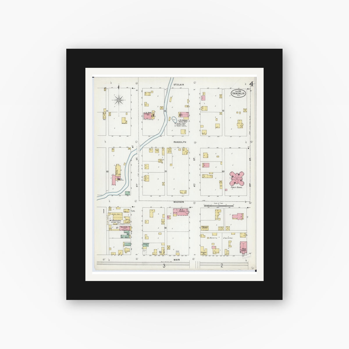 Old map wall art mockup — black gallery frame with white mat — Sanborn Fire Insurance Map from Vandalia, Fayette County, Illinois (1898), Sheet #0004