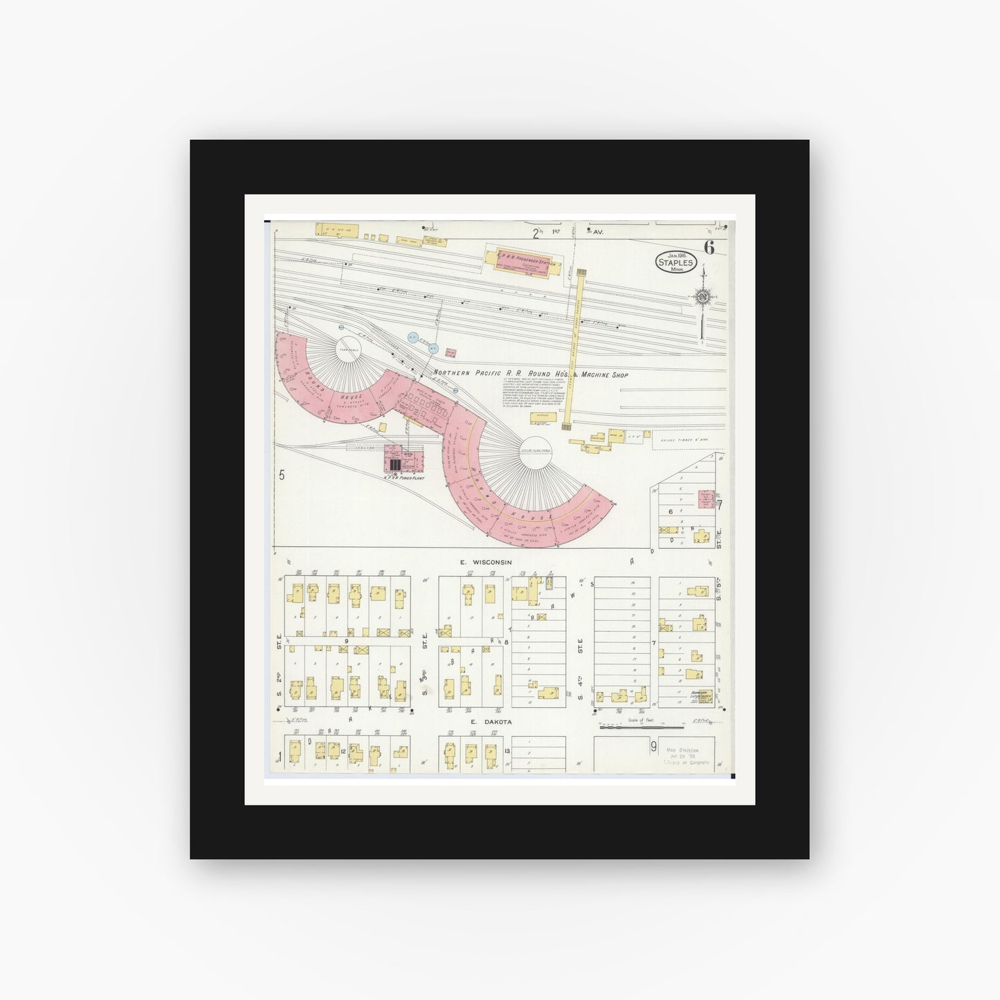 Old map wall art mockup — black gallery frame with white mat — Sanborn Fire Insurance Map from Staples, Todd County, Minnesota (1916), Sheet #0006