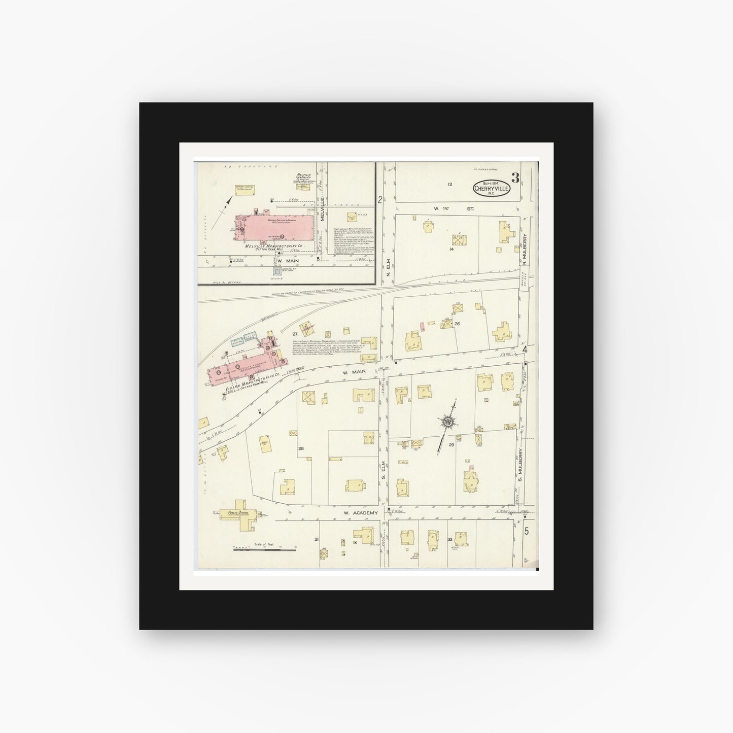 Old map wall art mockup — black gallery frame with white mat — Sanborn Fire Insurance Map from Cherryville, Gaston County, North Carolina (1914), Sheet #0003