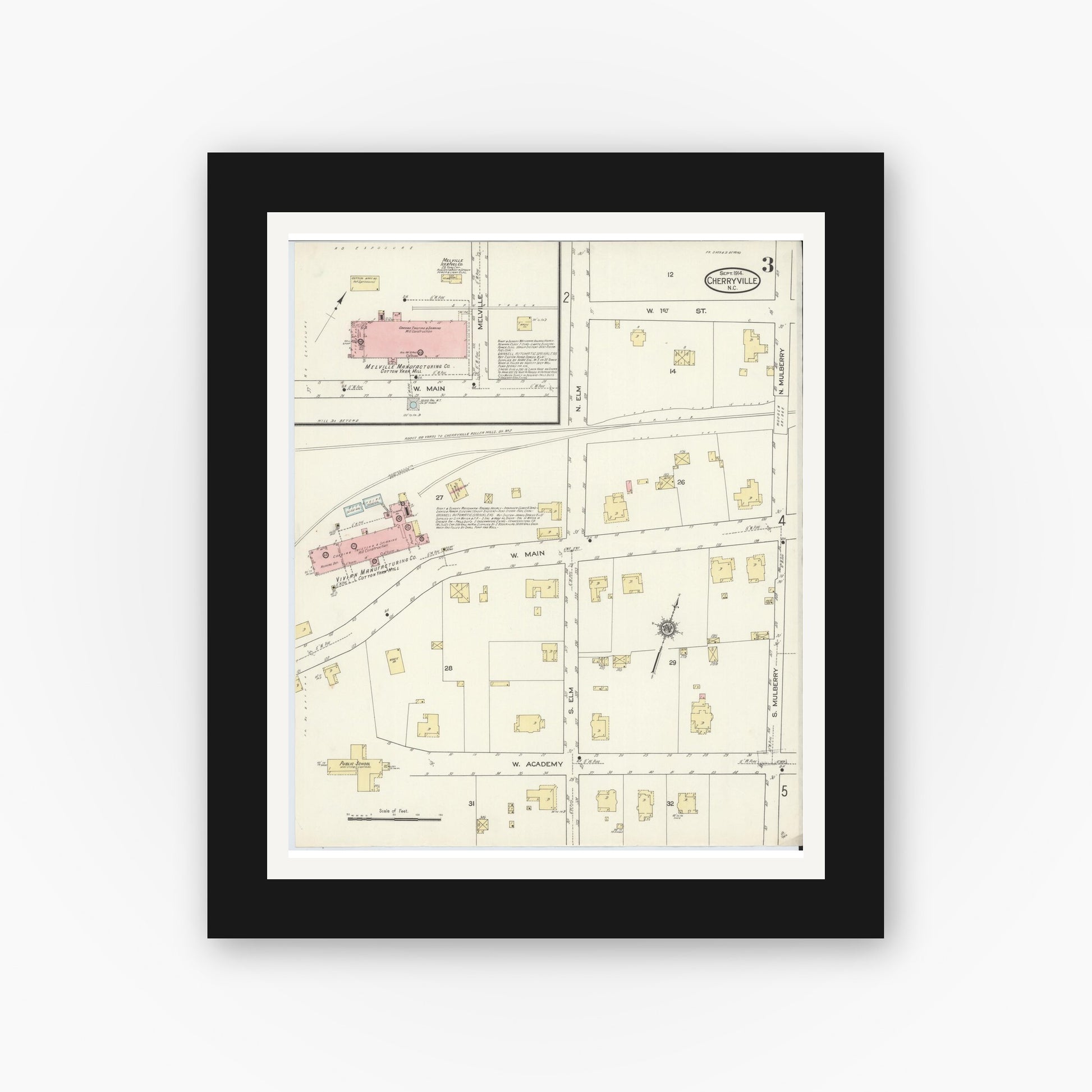 Old map wall art mockup — black gallery frame with white mat — Sanborn Fire Insurance Map from Cherryville, Gaston County, North Carolina (1914), Sheet #0003
