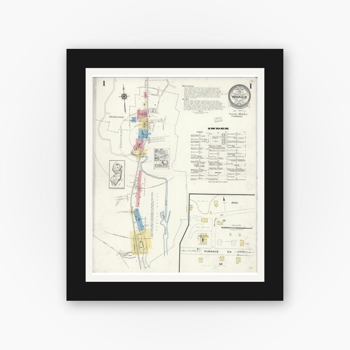 Old map wall art mockup — black gallery frame with white mat — Sanborn Fire Insurance Map from Wanaque, Passaic County, New Jersey (1923), Sheet #0001