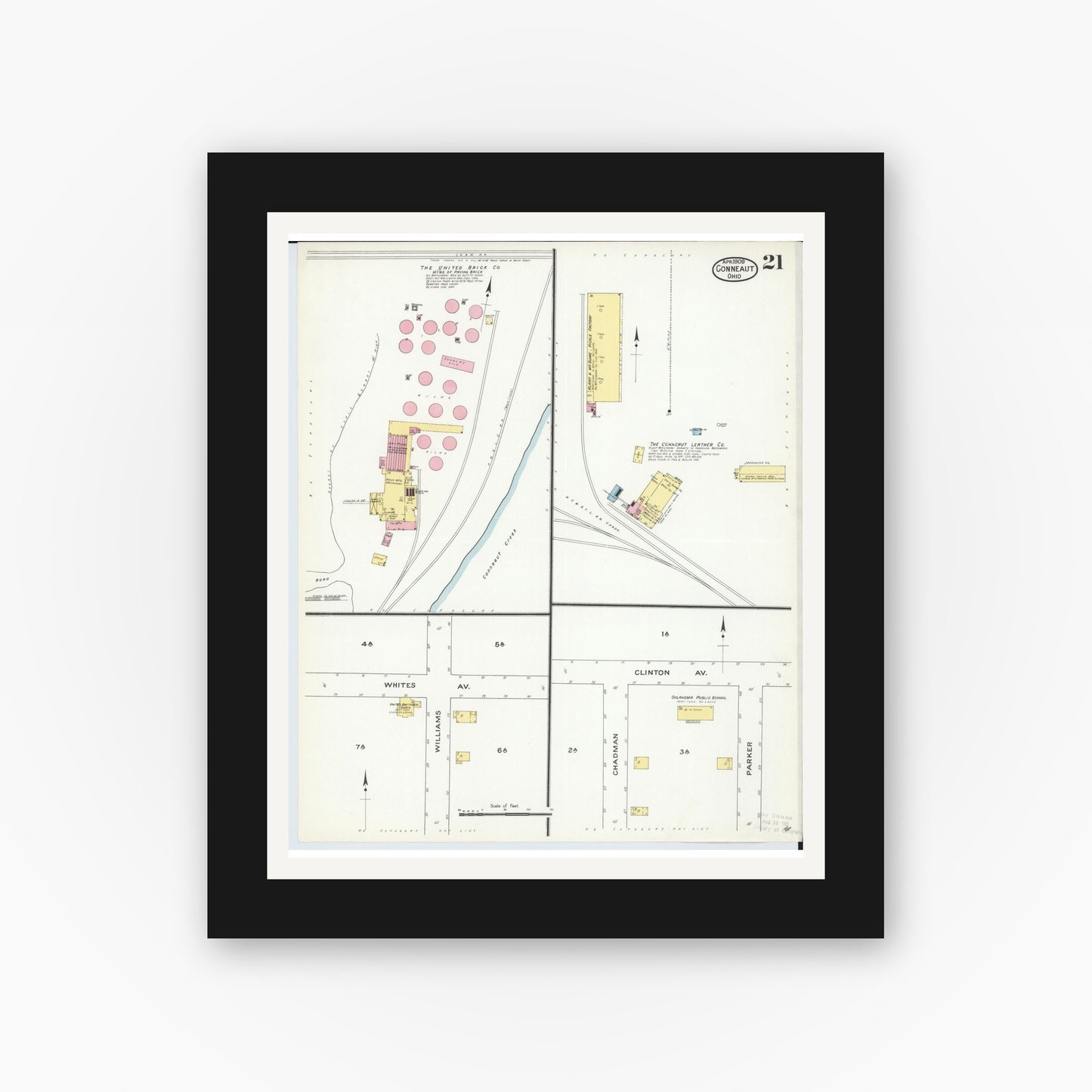 Old map wall art mockup — black gallery frame with white mat — Sanborn Fire Insurance Map from Conneaut, Ashtabula County, Ohio (1909), Sheet #0021