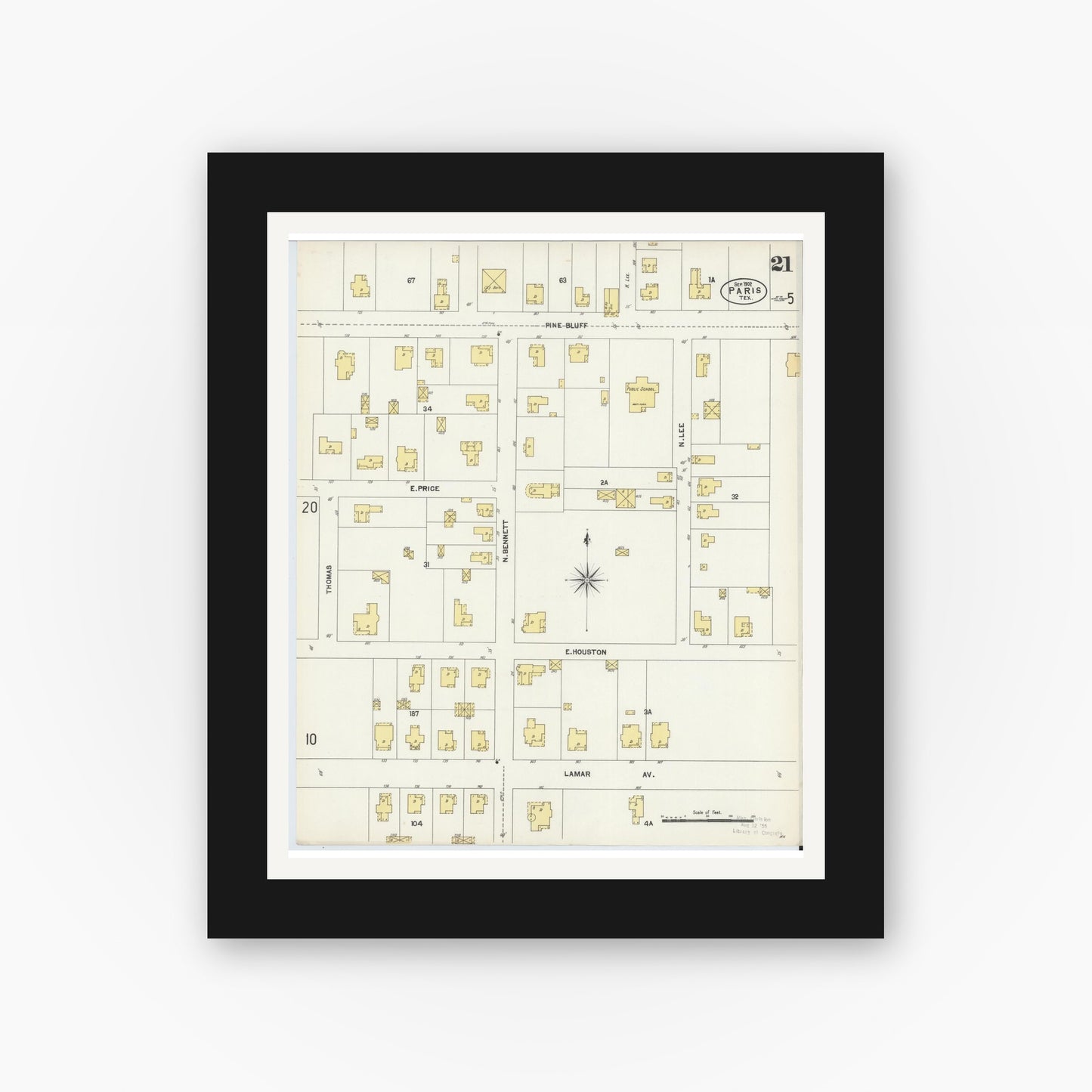 Old map wall art mockup — black gallery frame with white mat — Sanborn Fire Insurance Map from Paris, Lamar County, Texas (1902), Sheet #0021