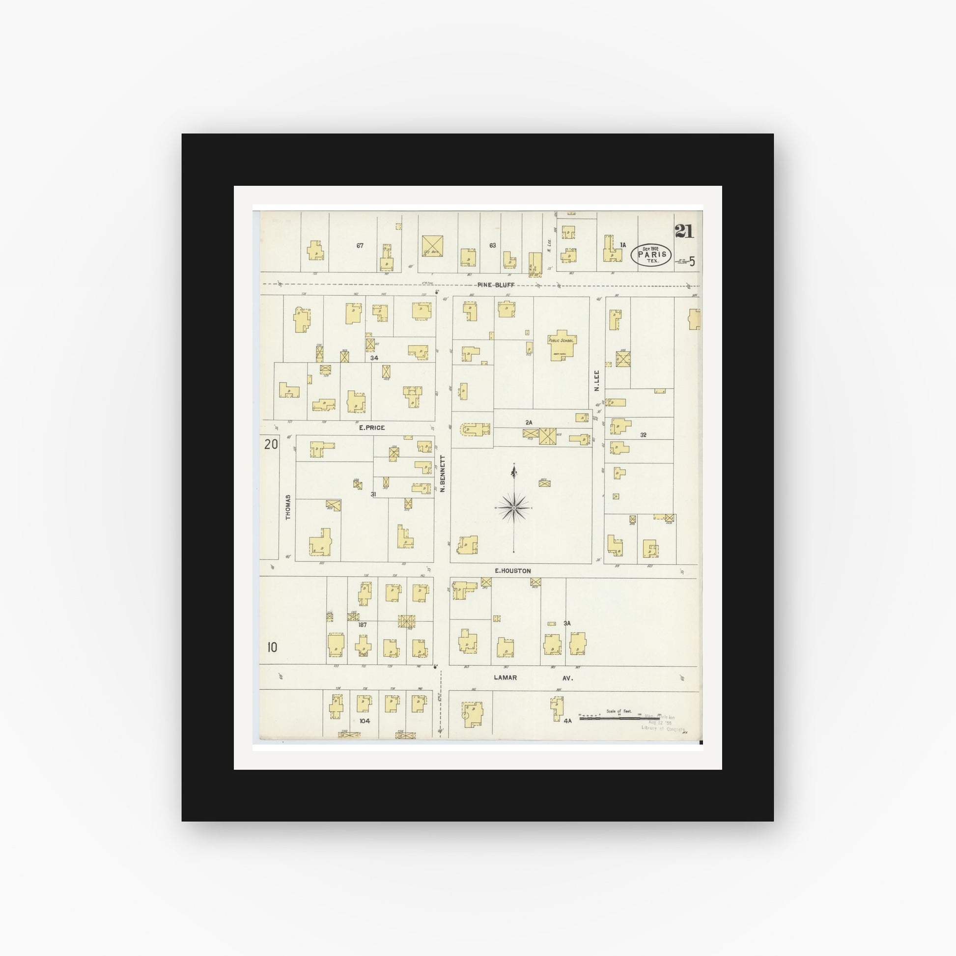 Old map wall art mockup — black gallery frame with white mat — Sanborn Fire Insurance Map from Paris, Lamar County, Texas (1902), Sheet #0021