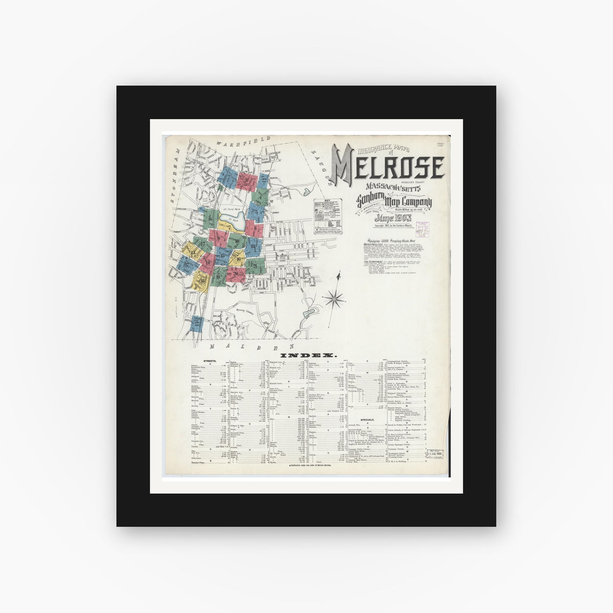 Old map wall art mockup — black gallery frame with white mat — Sanborn Fire Insurance Map from Melrose, Middlesex County, Massachusetts (1903), Sheet #0001