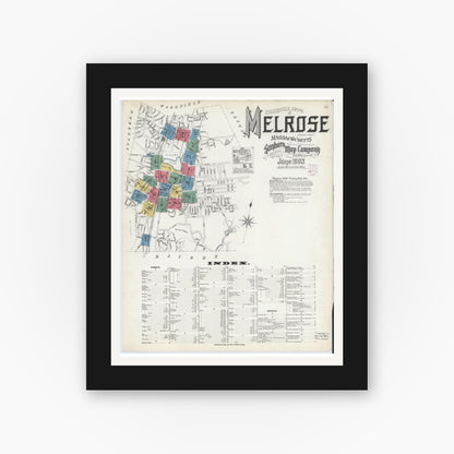 Old map wall art mockup — black gallery frame with white mat — Sanborn Fire Insurance Map from Melrose, Middlesex County, Massachusetts (1903), Sheet #0001