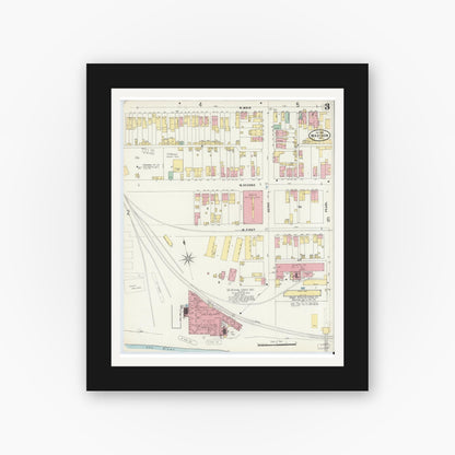 Old map wall art mockup — black gallery frame with white mat — Sanborn Fire Insurance Map from Madison, Jefferson County, Indiana (1897), Sheet #0003