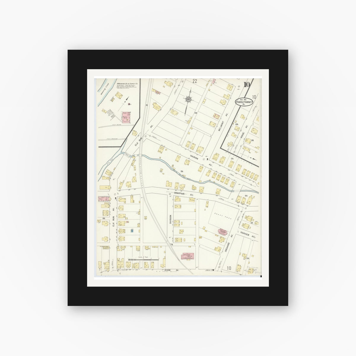 Old map wall art mockup — black gallery frame with white mat — Sanborn Fire Insurance Map from Punxsutawney, Jefferson County, Pennsylvania (1912), Sheet #0010