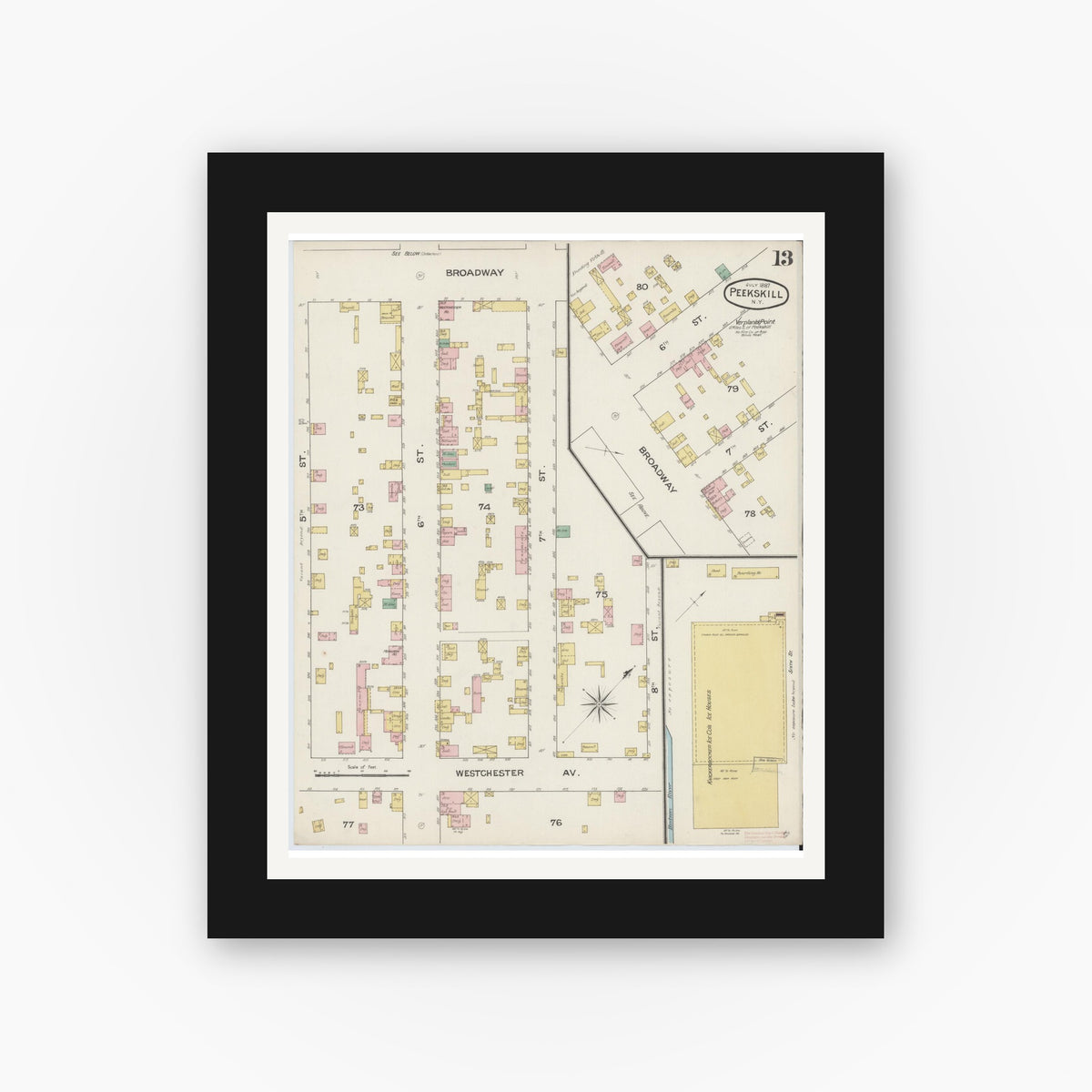 Old map wall art mockup — black gallery frame with white mat — Sanborn Fire Insurance Map from Peekskill, Westchester County, New York (1887), Sheet #0013