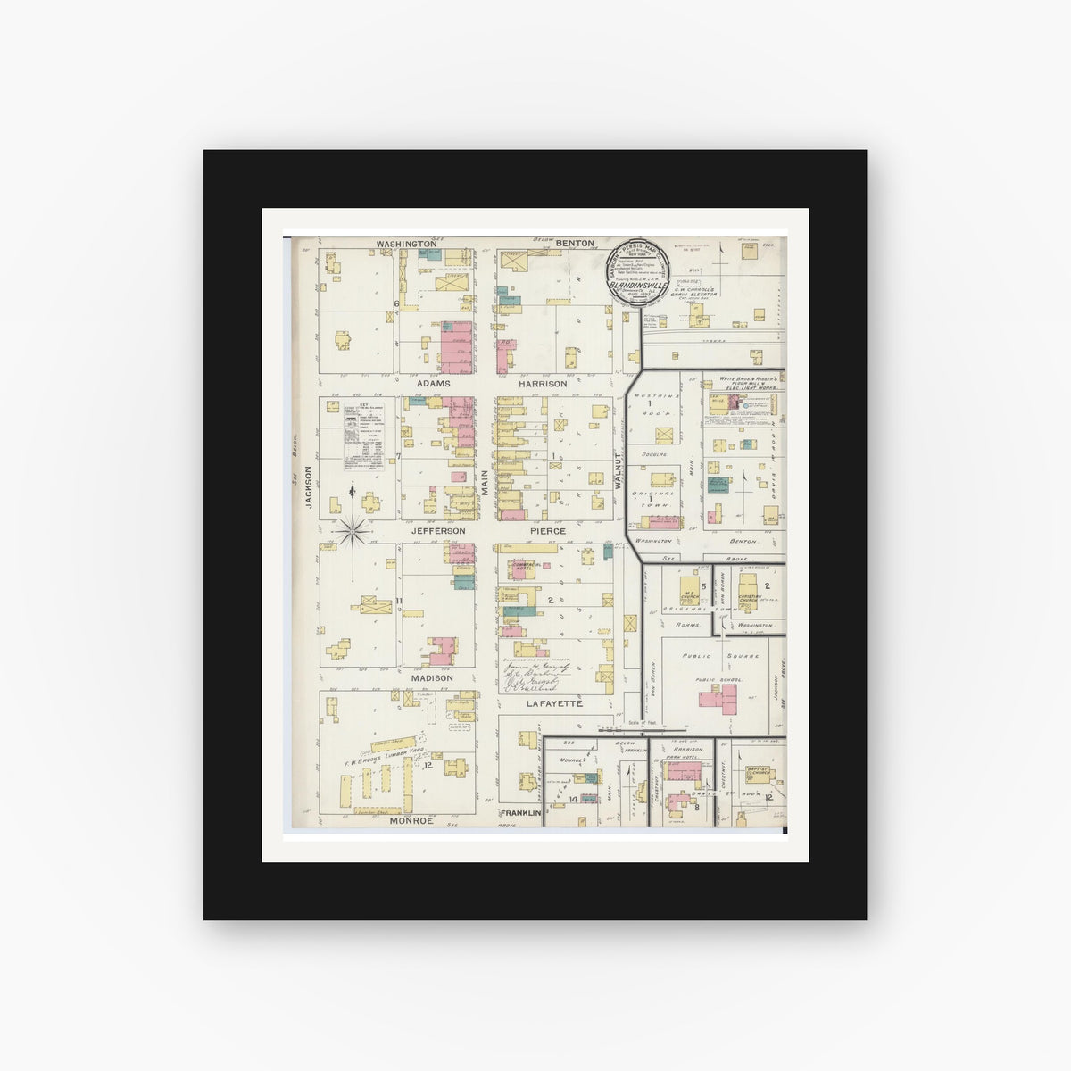 Old map wall art mockup — black gallery frame with white mat — Sanborn Fire Insurance Map from Blandinsville, Mcdonough County, Illinois (1893), Sheet #0001