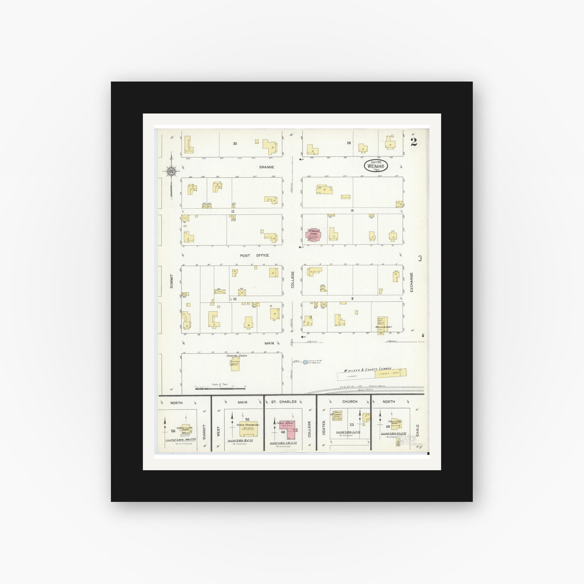 Old map wall art mockup — black gallery frame with white mat — Sanborn Fire Insurance Map from Weimar, Colorado County, Texas (1912), Sheet #0002