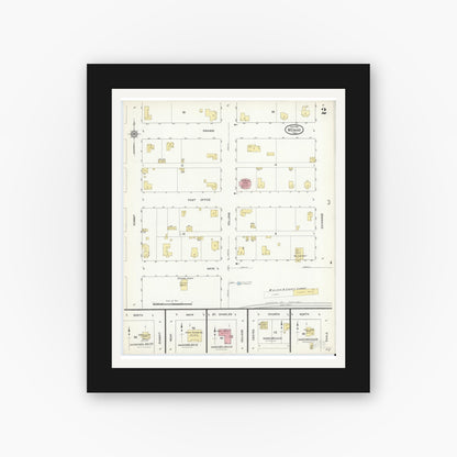 Old map wall art mockup — black gallery frame with white mat — Sanborn Fire Insurance Map from Weimar, Colorado County, Texas (1912), Sheet #0002