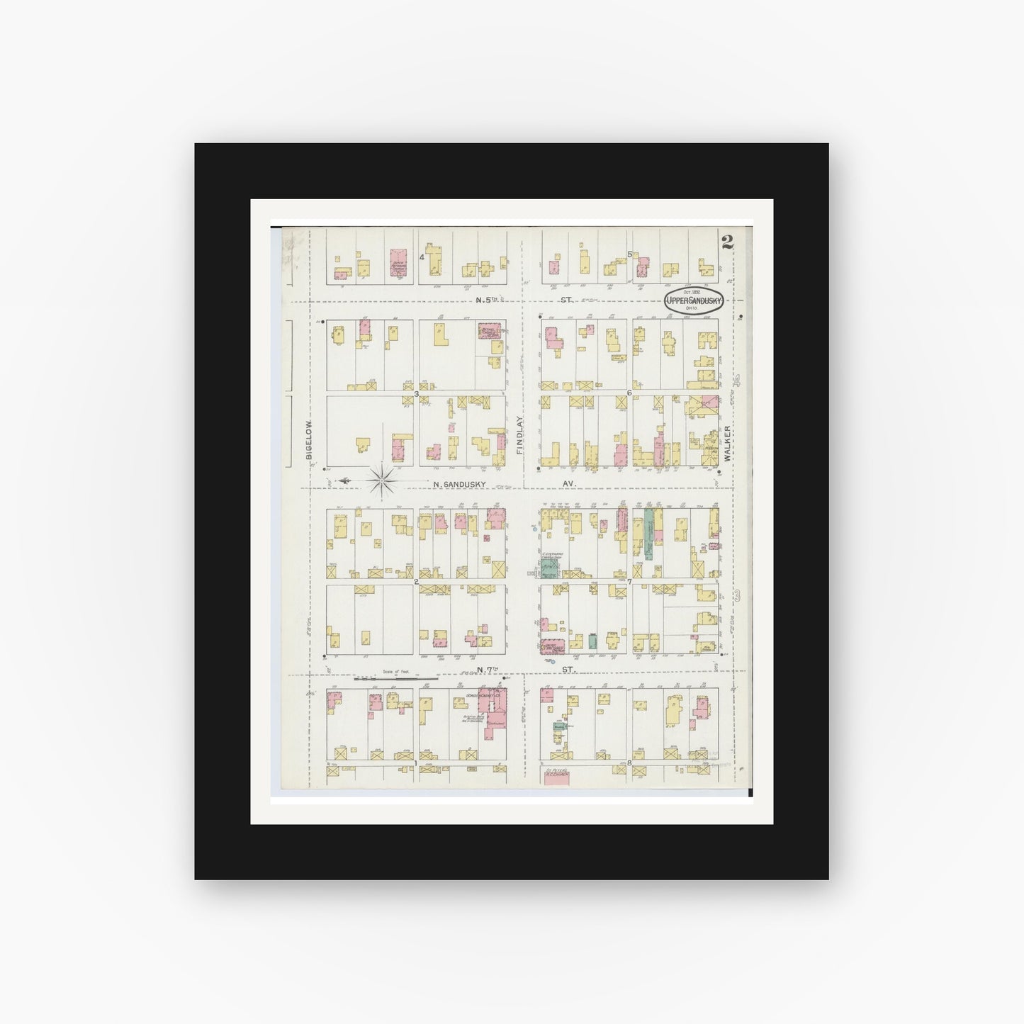 Old map wall art mockup — black gallery frame with white mat — Sanborn Fire Insurance Map from Upper Sandusky, Wyandot County, Ohio (1892), Sheet #0002