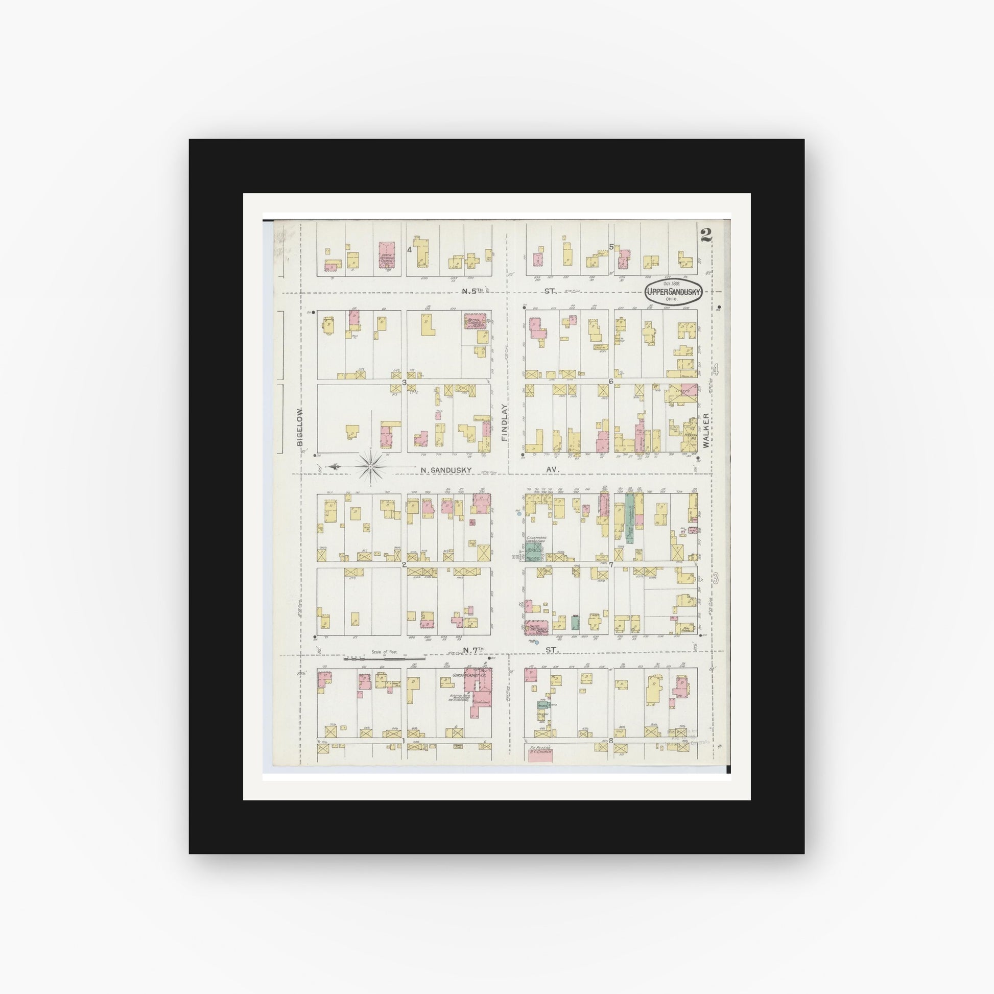 Old map wall art mockup — black gallery frame with white mat — Sanborn Fire Insurance Map from Upper Sandusky, Wyandot County, Ohio (1892), Sheet #0002