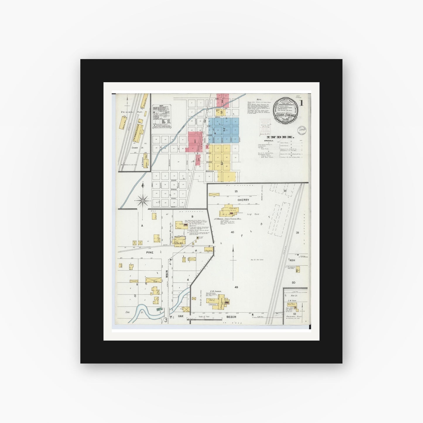 Old map wall art mockup — black gallery frame with white mat — Sanborn Fire Insurance Map from Cedar Springs, Kent County, Michigan (1899) - Complete Map Set