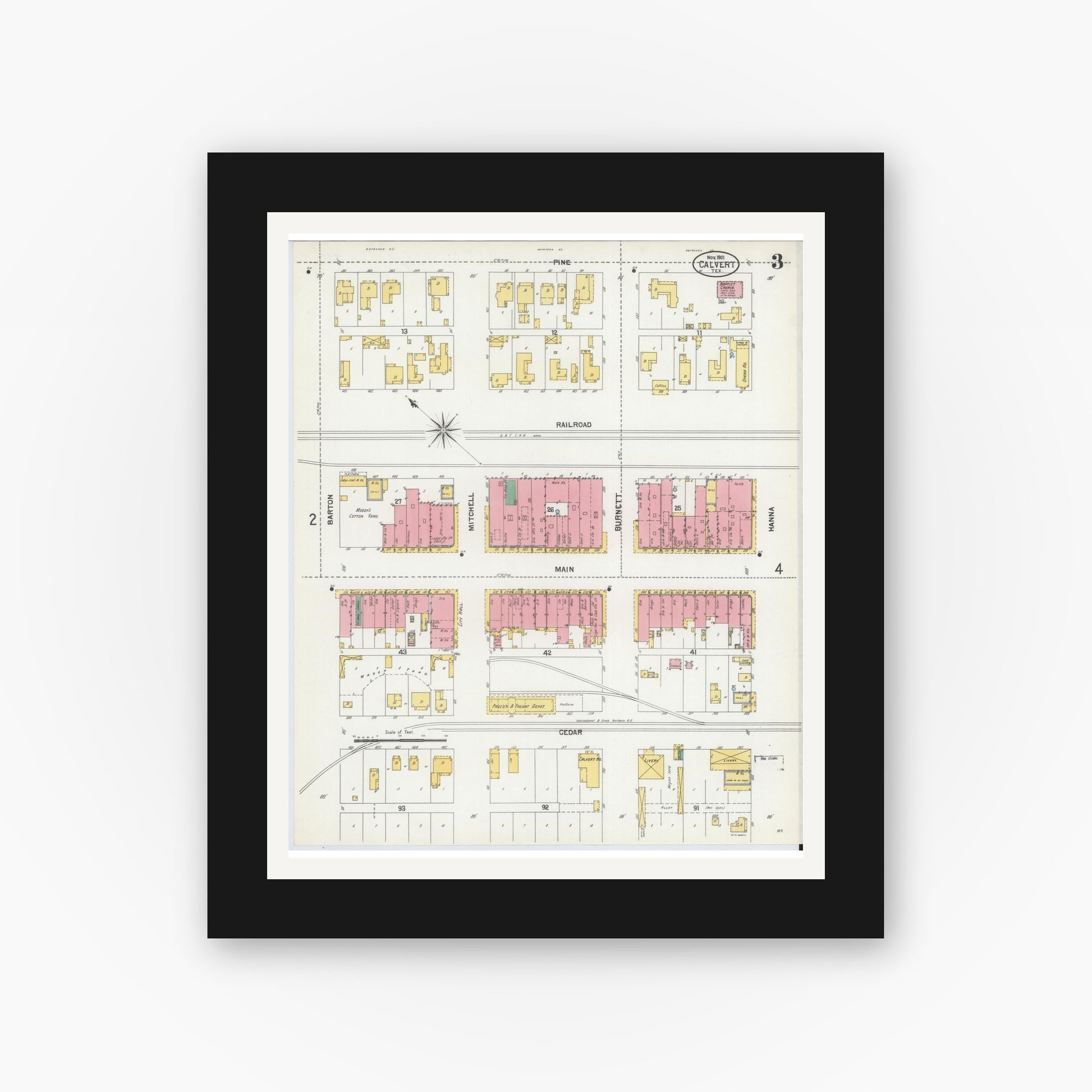 Old map wall art mockup — black gallery frame with white mat — Sanborn Fire Insurance Map from Calvert, Robertson County, Texas (1901), Sheet #0003