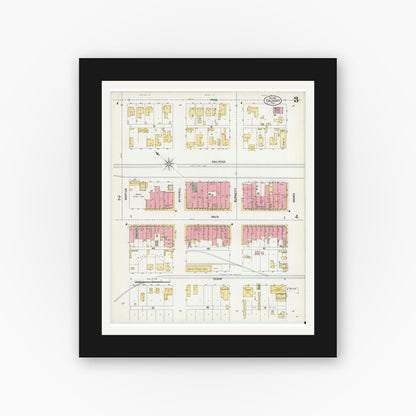 Old map wall art mockup — black gallery frame with white mat — Sanborn Fire Insurance Map from Calvert, Robertson County, Texas (1901), Sheet #0003