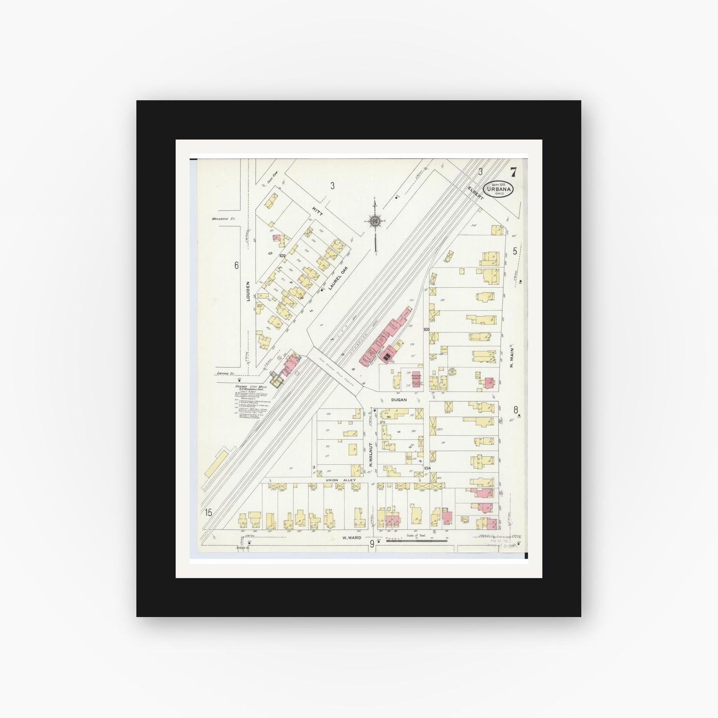 Old map wall art mockup — black gallery frame with white mat — Sanborn Fire Insurance Map from Urbana, Champaign County, Ohio (1910), Sheet #0007