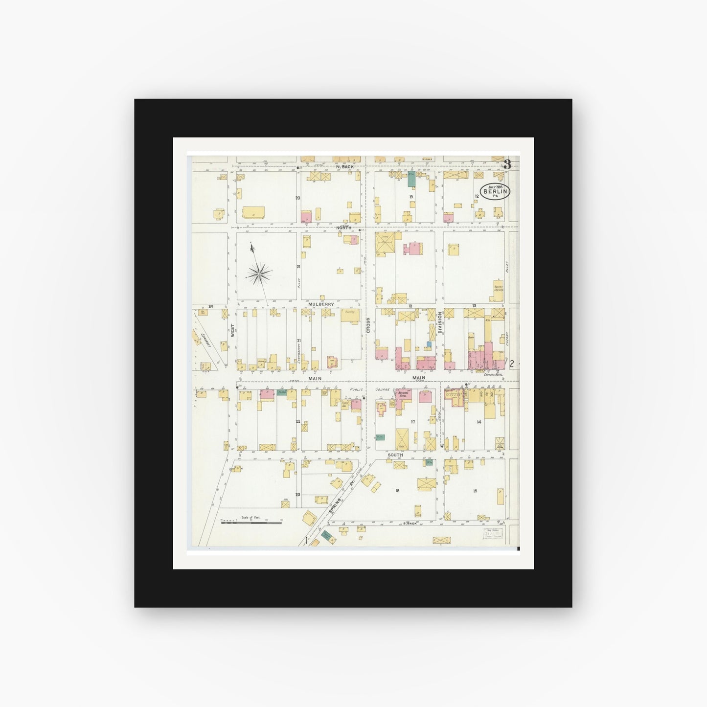 Old map wall art mockup — black gallery frame with white mat — Sanborn Fire Insurance Map from Berlin, Somerset County, Pennsylvania (1905), Sheet #0003