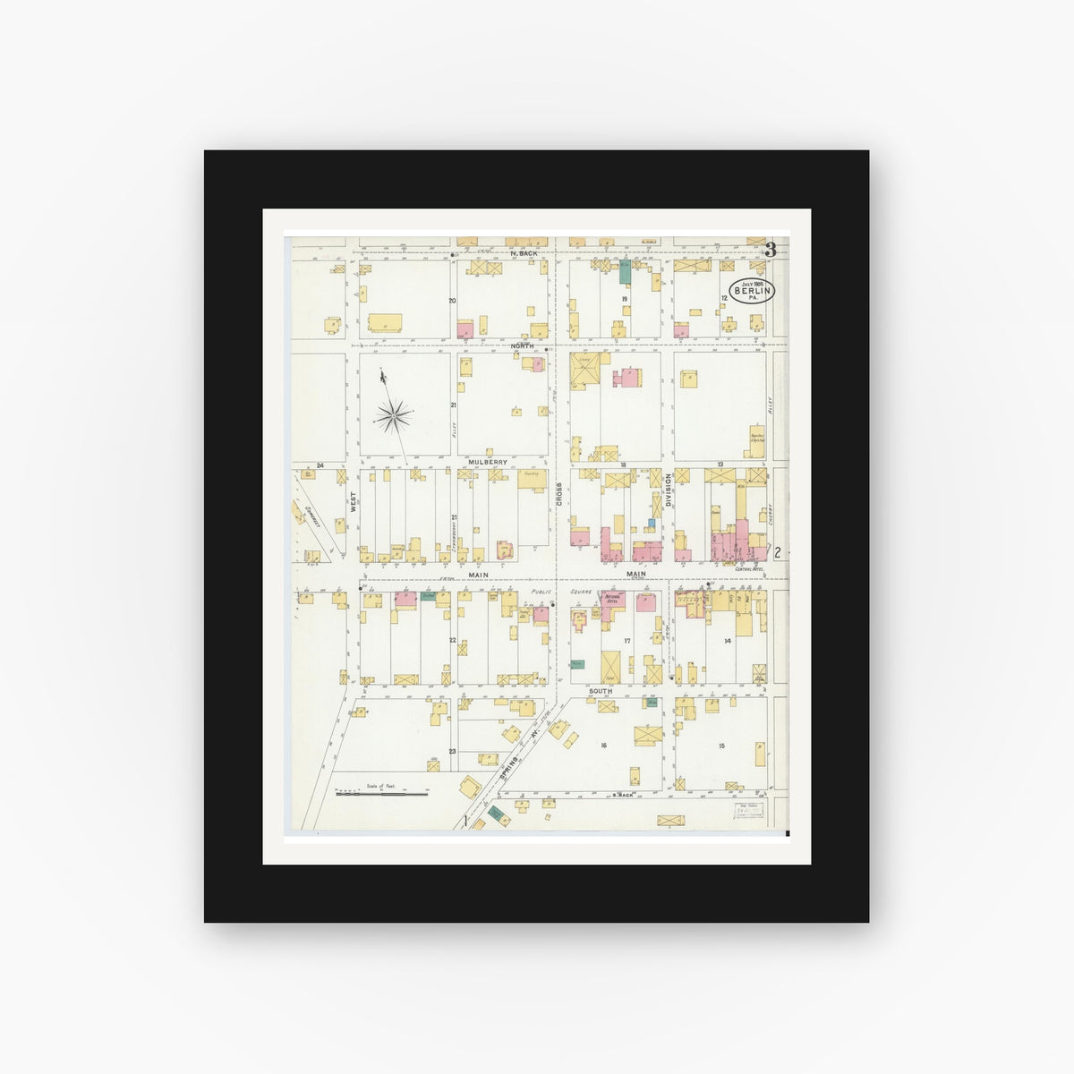 Old map wall art mockup — black gallery frame with white mat — Sanborn Fire Insurance Map from Berlin, Somerset County, Pennsylvania (1905), Sheet #0003