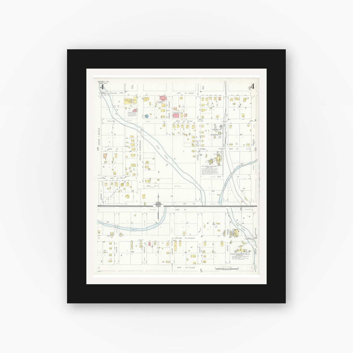 Old map wall art mockup — black gallery frame with white mat — Sanborn Fire Insurance Map from Snyder, Scurry County, Texas (1936), Sheet #0004