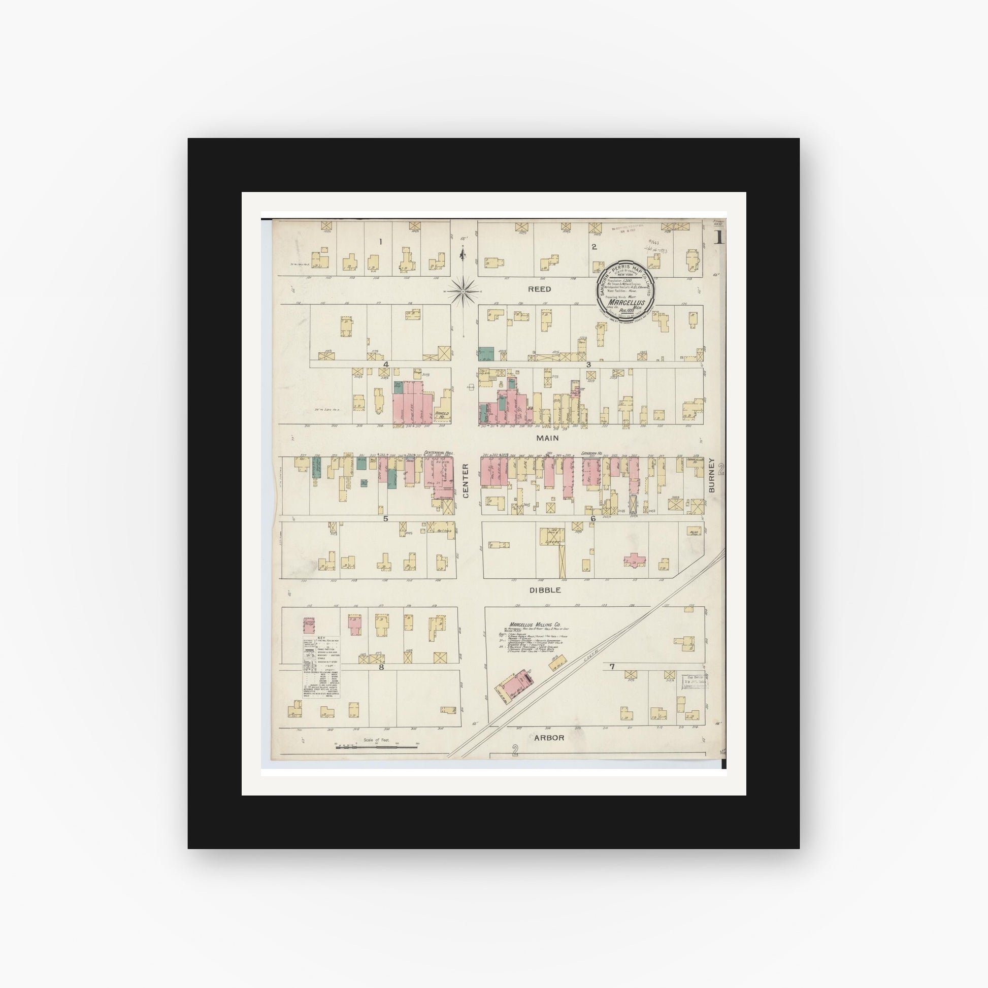 Old map wall art mockup — black gallery frame with white mat — Sanborn Fire Insurance Map from Marcellus, Cass County, Michigan (1893) - Complete Map Set