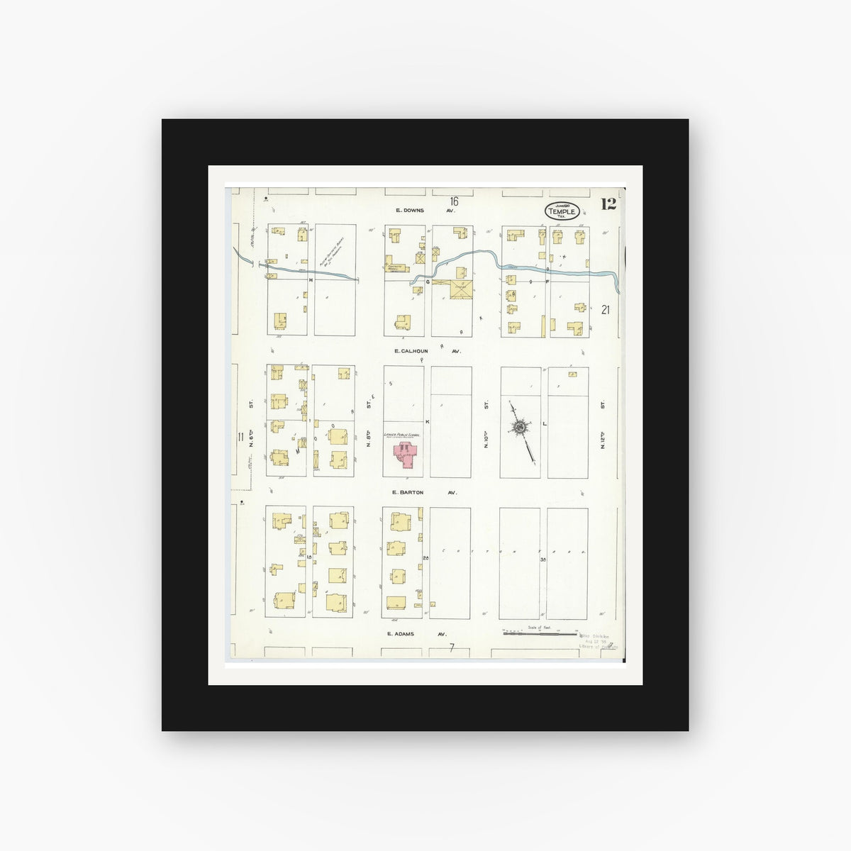 Old map wall art mockup — black gallery frame with white mat — Sanborn Fire Insurance Map from Temple, Bell County, Texas (1910), Sheet #0012