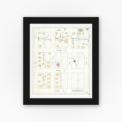 Old map wall art mockup — black gallery frame with white mat — Sanborn Fire Insurance Map from Temple, Bell County, Texas (1910), Sheet #0012