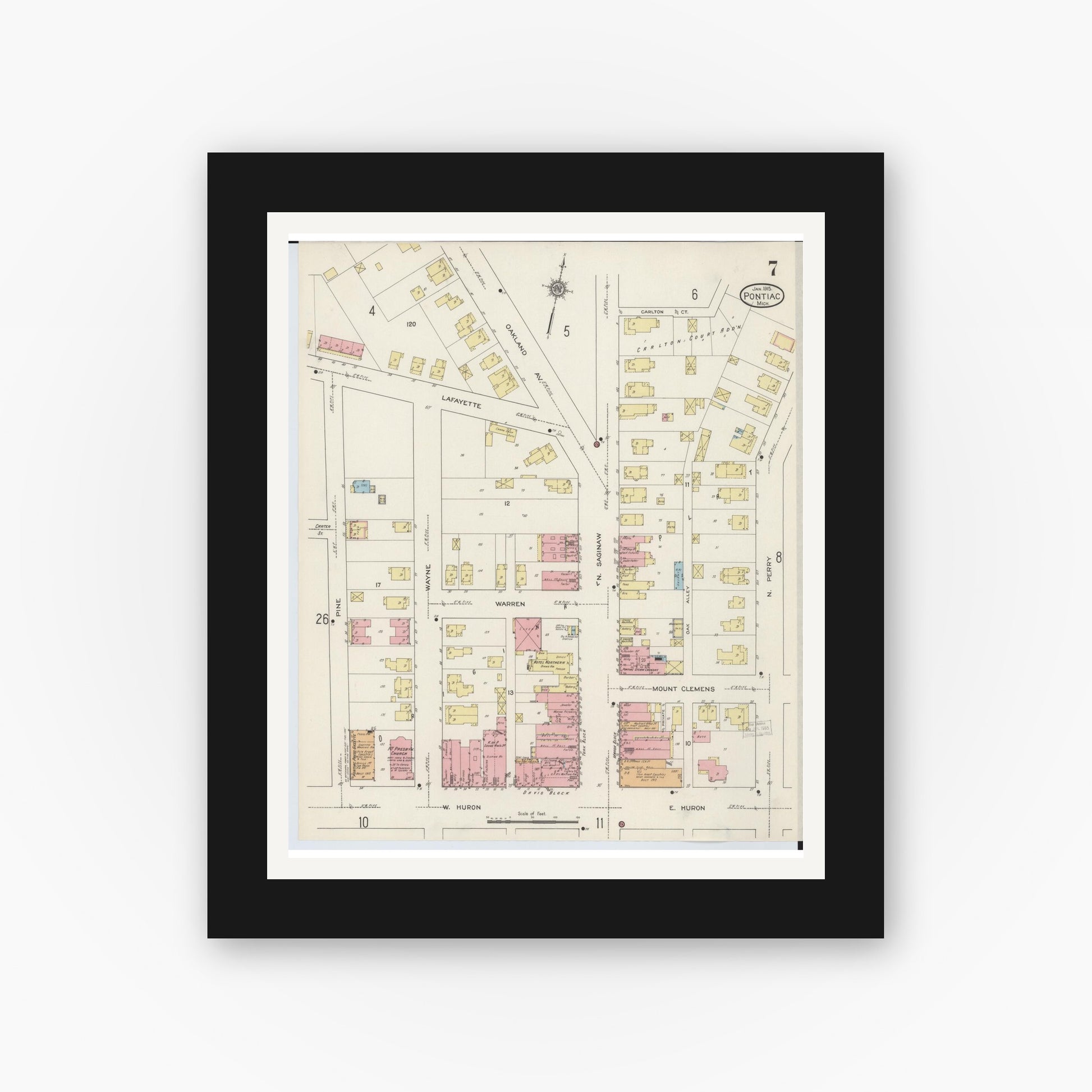 Old map wall art mockup — black gallery frame with white mat — Sanborn Fire Insurance Map from Pontiac, Oakland County, Michigan (1915), Sheet #0007