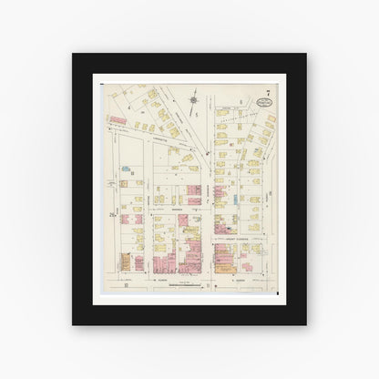 Old map wall art mockup — black gallery frame with white mat — Sanborn Fire Insurance Map from Pontiac, Oakland County, Michigan (1915), Sheet #0007