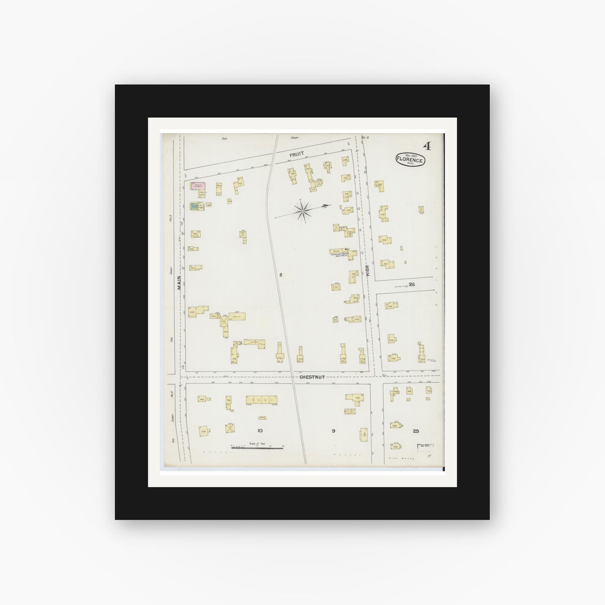 Old map wall art mockup — black gallery frame with white mat — Sanborn Fire Insurance Map from Florence, Hampshire County, Massachusetts (1889), Sheet #0004