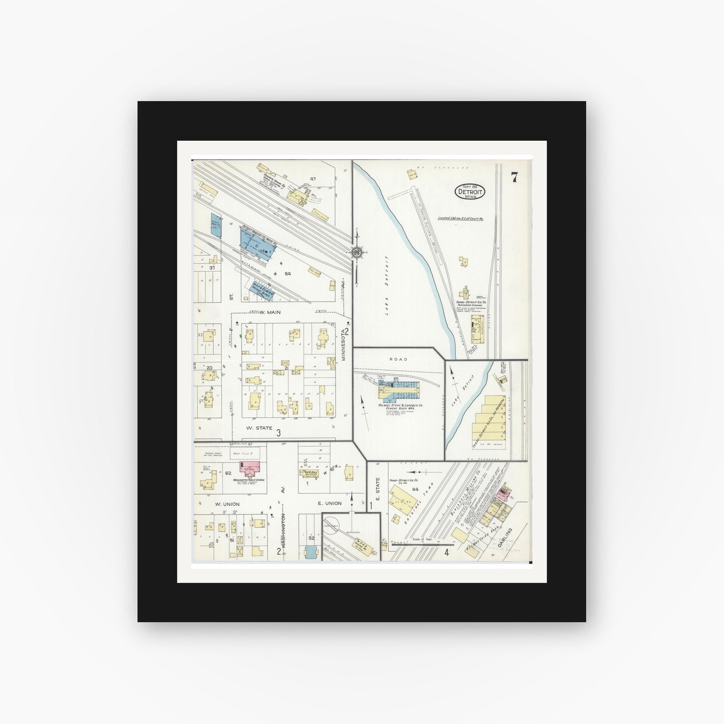 Old map wall art mockup — black gallery frame with white mat — Sanborn Fire Insurance Map from Detroit Lakes, Becker County, Minnesota (1914), Sheet #0007