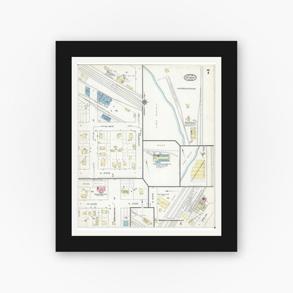 Old map wall art mockup — black gallery frame with white mat — Sanborn Fire Insurance Map from Detroit Lakes, Becker County, Minnesota (1914), Sheet #0007